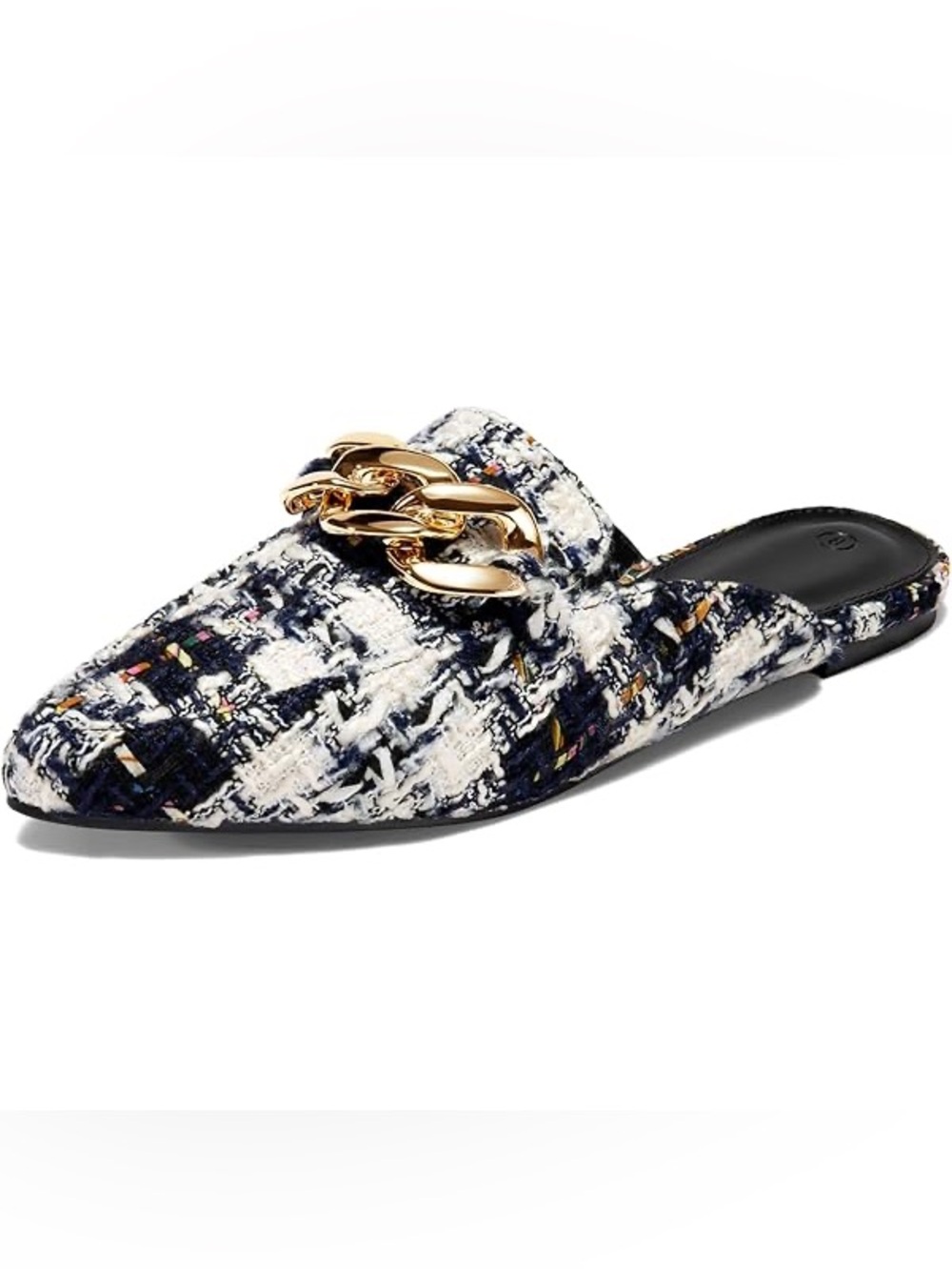Steve Madden Finn Tweed Pointed Mule with Gold Chain Navy White